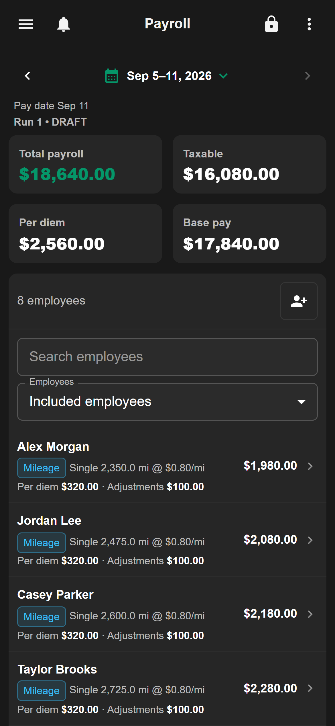 RigNest payroll workspace on mobile, showing driver compensation and pay details
